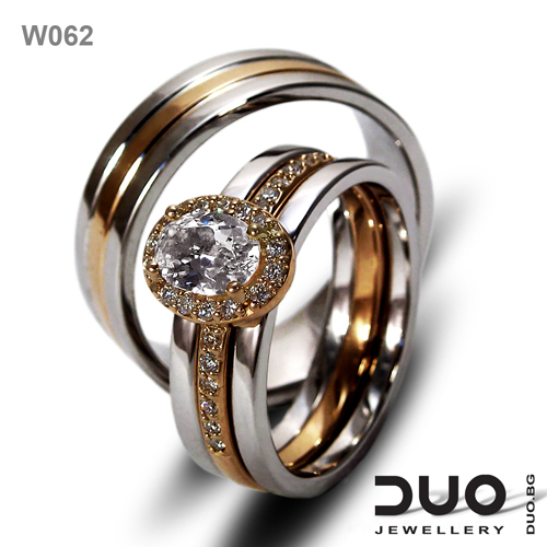 Брачни халки W105 - Венчални халки от бяло и розово злато с диаманти