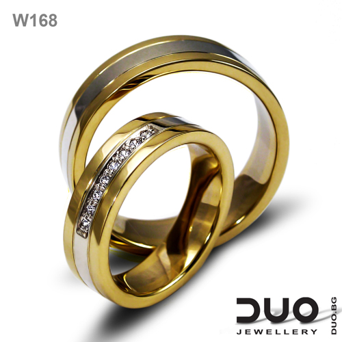 Брачни халки W168 - Венчални халки от бяло и жълто злато с диаманти